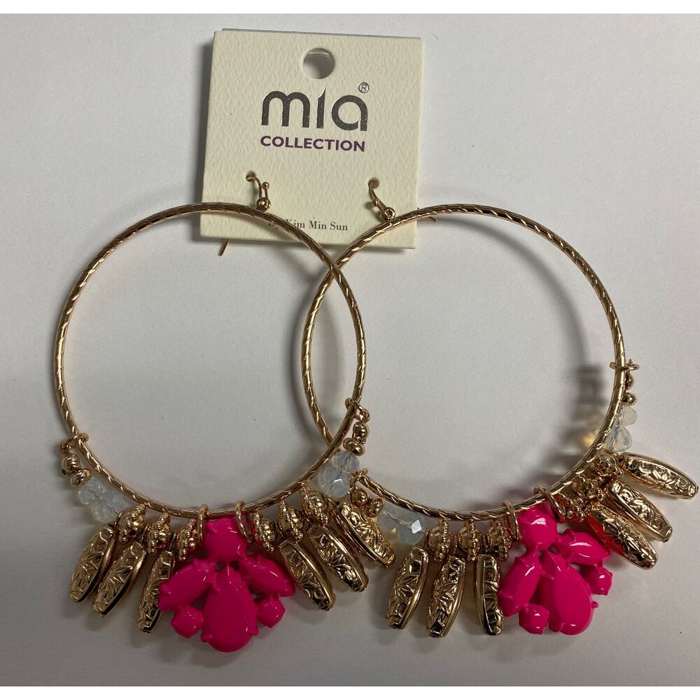 Mia Collection Gold Tone Large Hoop Earrings With Cactus And Beads